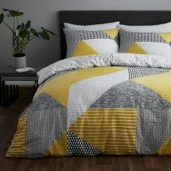 Deals ❤️ Catherine Lansfield Catherine Lansfield Larsson Geo Ochre Reversible Duvet Cover and Pillowcase Set ✔️