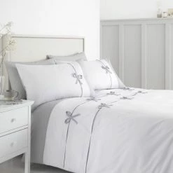 Discount 🎉 Catherine Lansfield Catherine Lansfield Milo Bow White and Grey Duvet Cover and Pillowcase Set 😀
