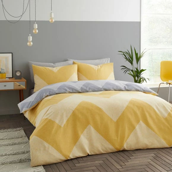 Promo ⭐ Catherine Lansfield Catherine Lansfield Chevron Geo Ochre and Yellow Duvet Cover and Pillowcase Set Twin Pack ❤️