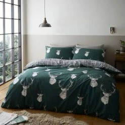 New โ Catherine Lansfield Catherine Lansfield Stag Green Duvet Cover and Pillowcase Set โญ